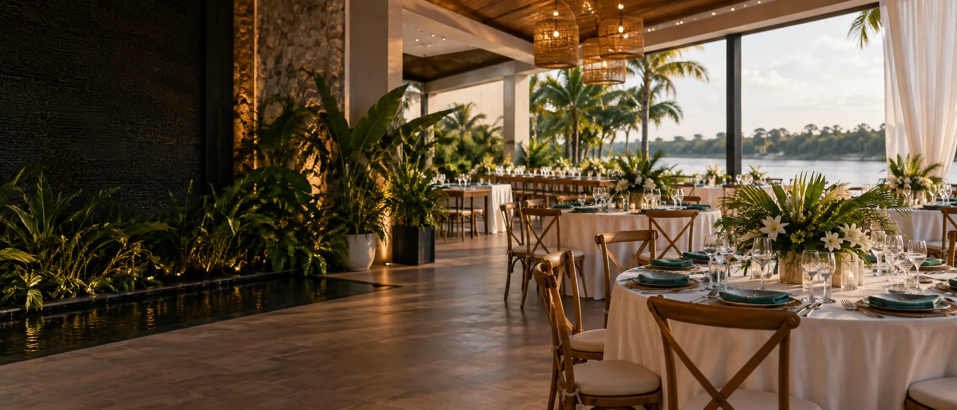 A bright riverside event venue prepared for a celebration